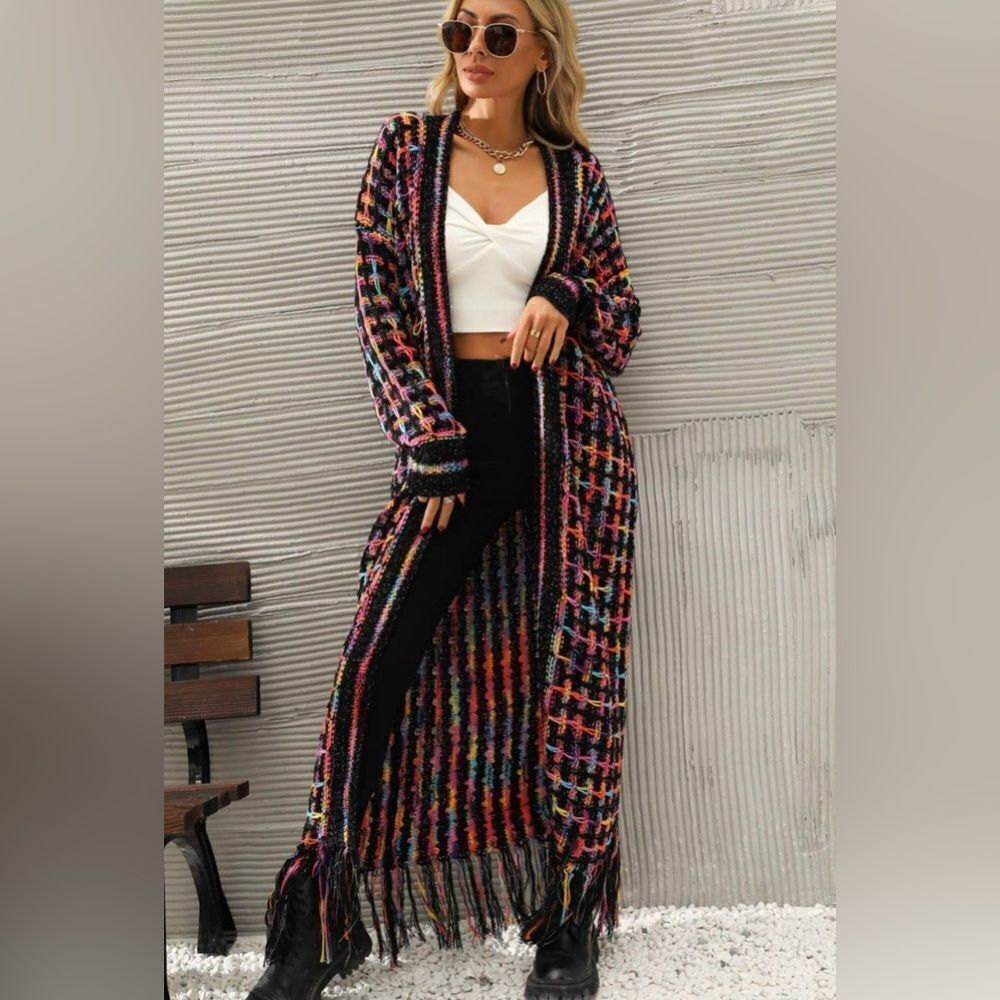 Multicolored Bohemian Open Front Fringe Hem Cardi… - image 2